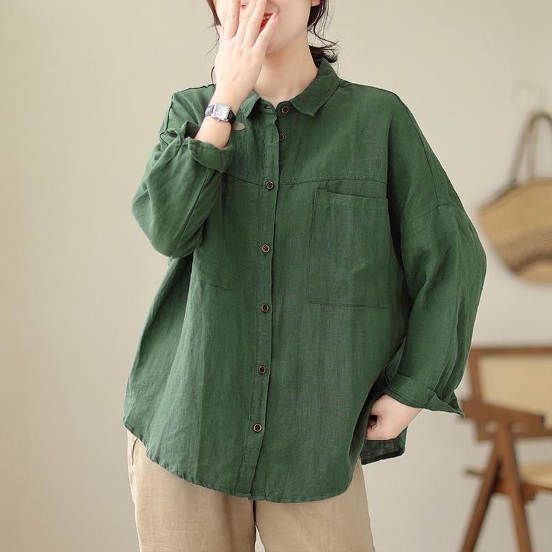 Autumn Cotton Linen Blouses & Shirts Lapel Artistic Loose Casual Long Sleeved Cardigan Solid Color Shirt for Women