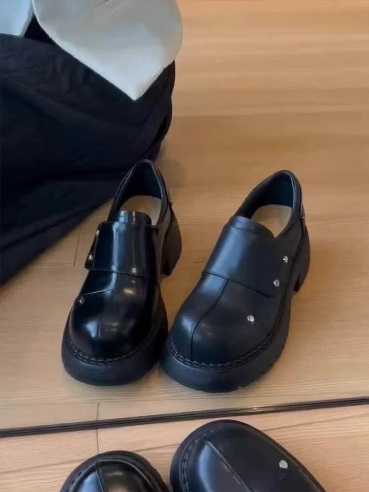 New, cowhide version Derby high-end thick-soled Velcro lazy loafers British style one-pedal small leather shoes