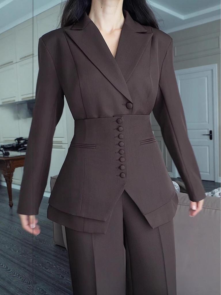 2025 Autumn European & American Elegant Solid Color Waistband Blazer & Suit Pants Set