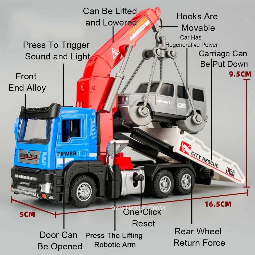 1:32 Double Hook Wrecker Transport Crane Model Toys Cars Alloy Diecast Sound Light Pull Back Door Opened Toy Boys Birthday Gifts