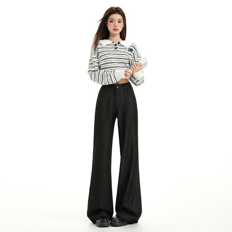 American Spice Girl micro-pull pants simple style loose high waist versatile micro-pull women's denim trousers extended black trousers
