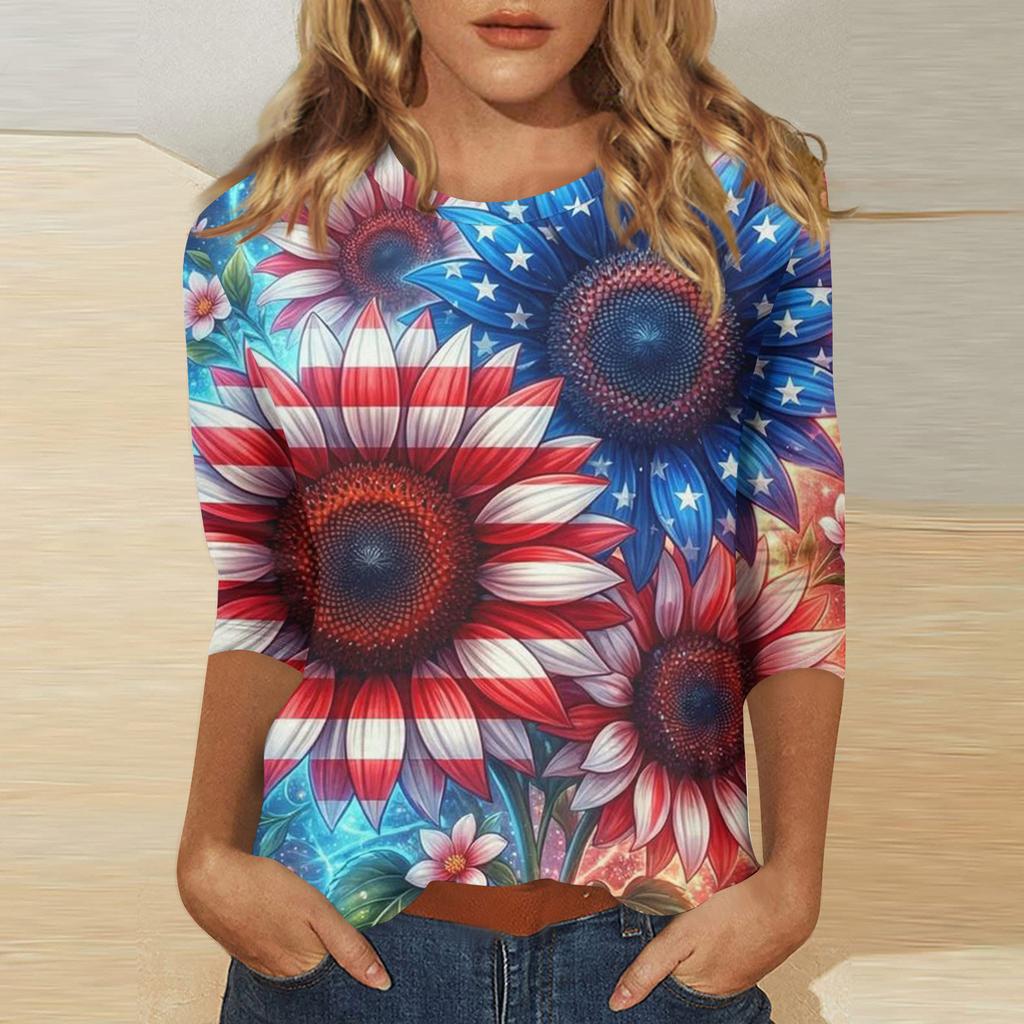 Women's Independence Day Print Round Neck Seven-Eighths Sleeve Top
