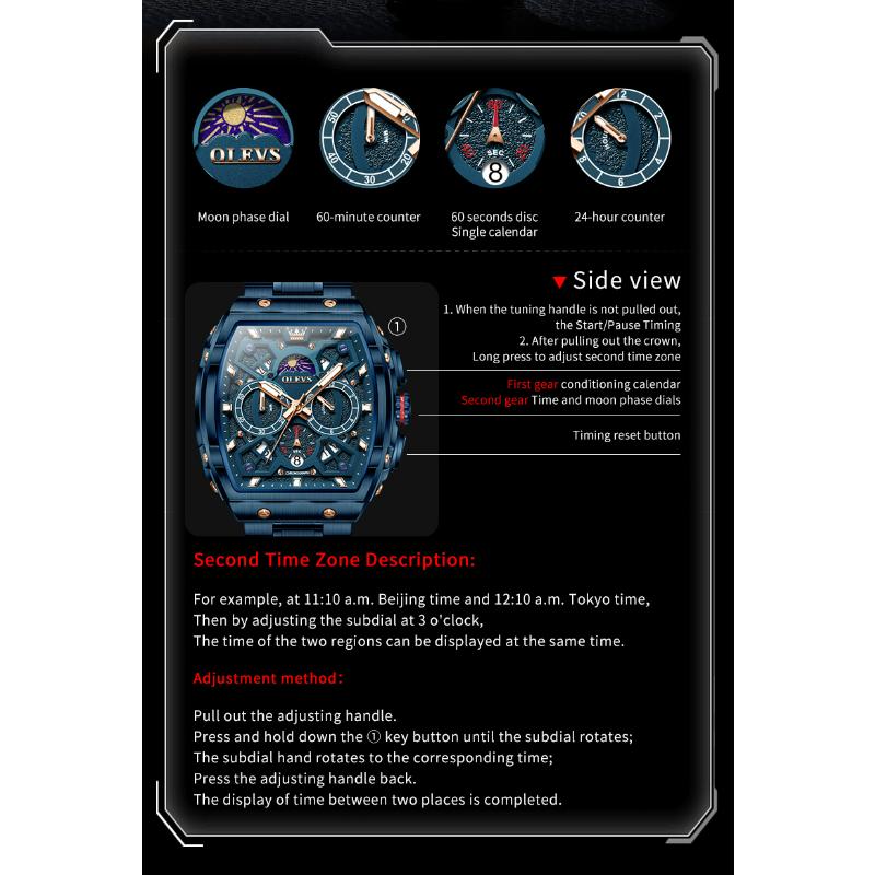 OLEVS Herren Chronograph Uhr Original Tonneau Quarz Uhr Wasserdicht Leuchtend Edelstahl Uhren Für Männer