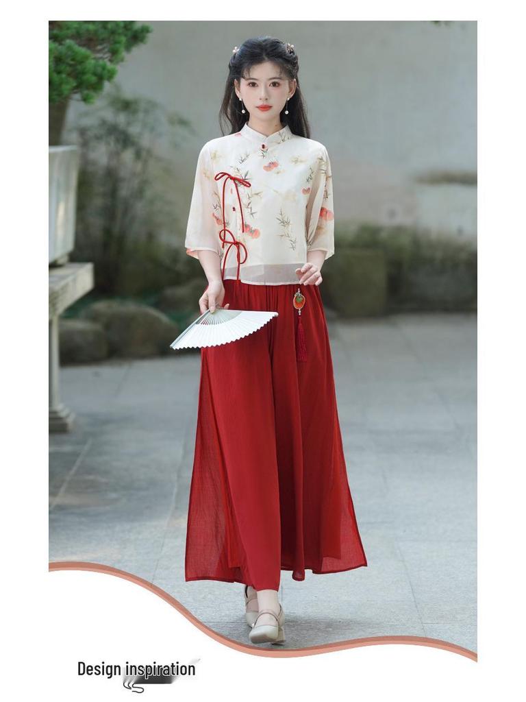 Retro-Print Chiffon Tang-Anzug & Hanfu Weitbein-Hosen-Set für Damen – Frühjahr/Sommer-Kollektion