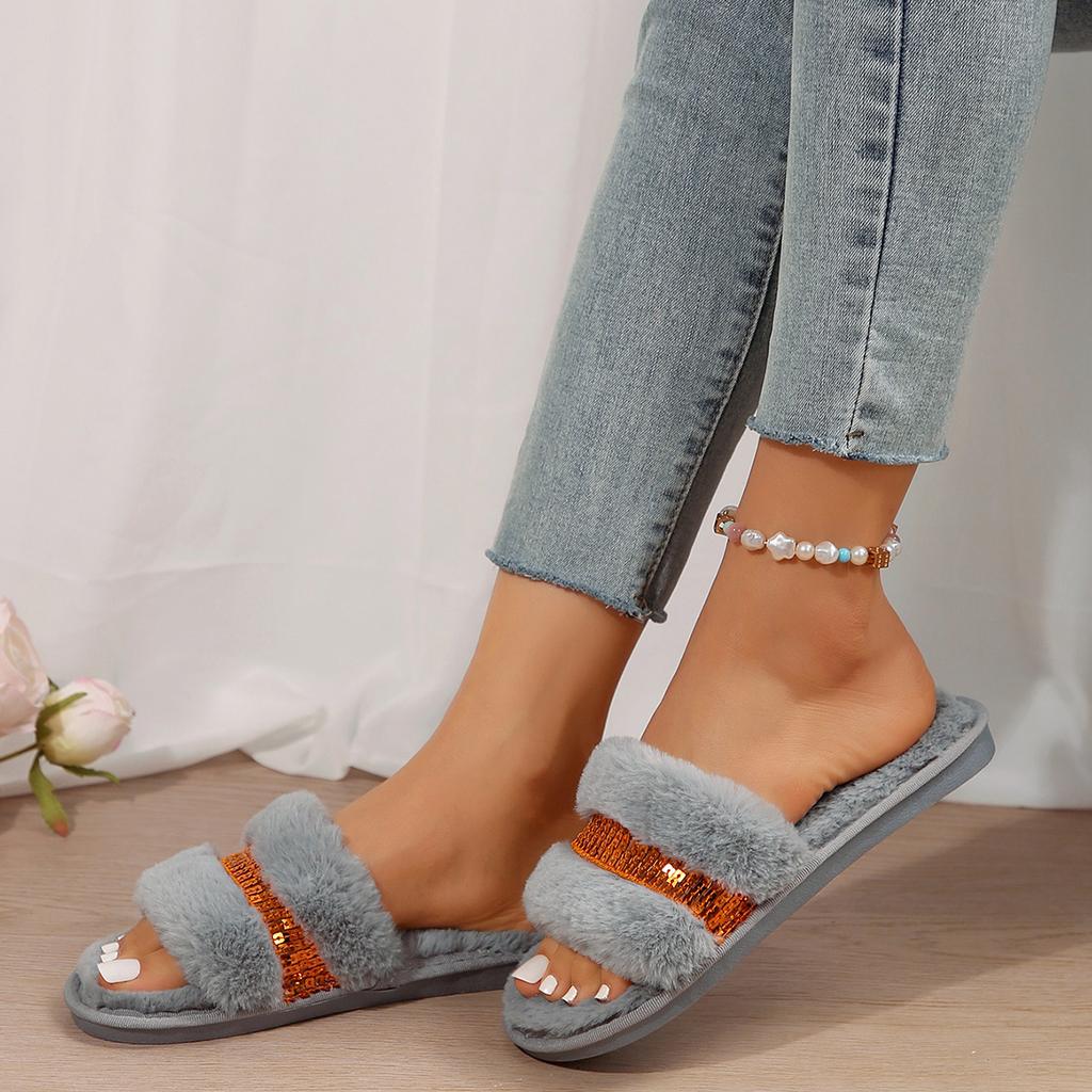 Fashion Women Home Slippers Fashion Shiny Rhinestones Design Open Toe Indoor Slippers Winter Flat Non-slip Leisure Interior Women Shoes