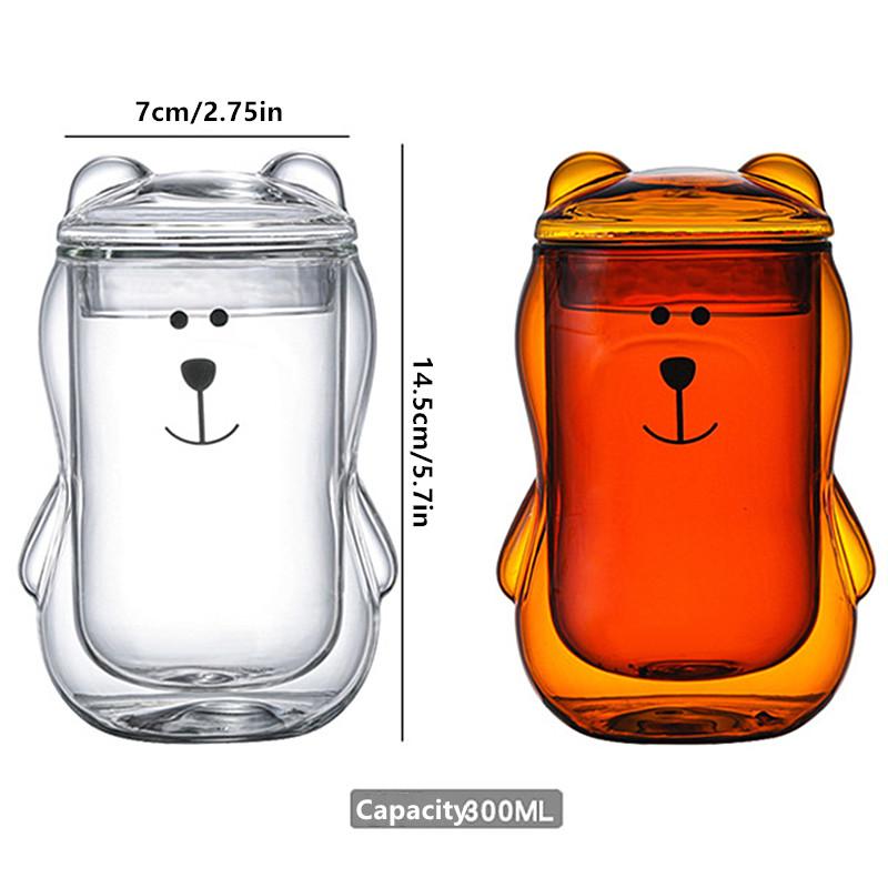 Tasse à café créative 300 ml avec couvercle en verre transparent, motif ours ambré, motif ours mignon