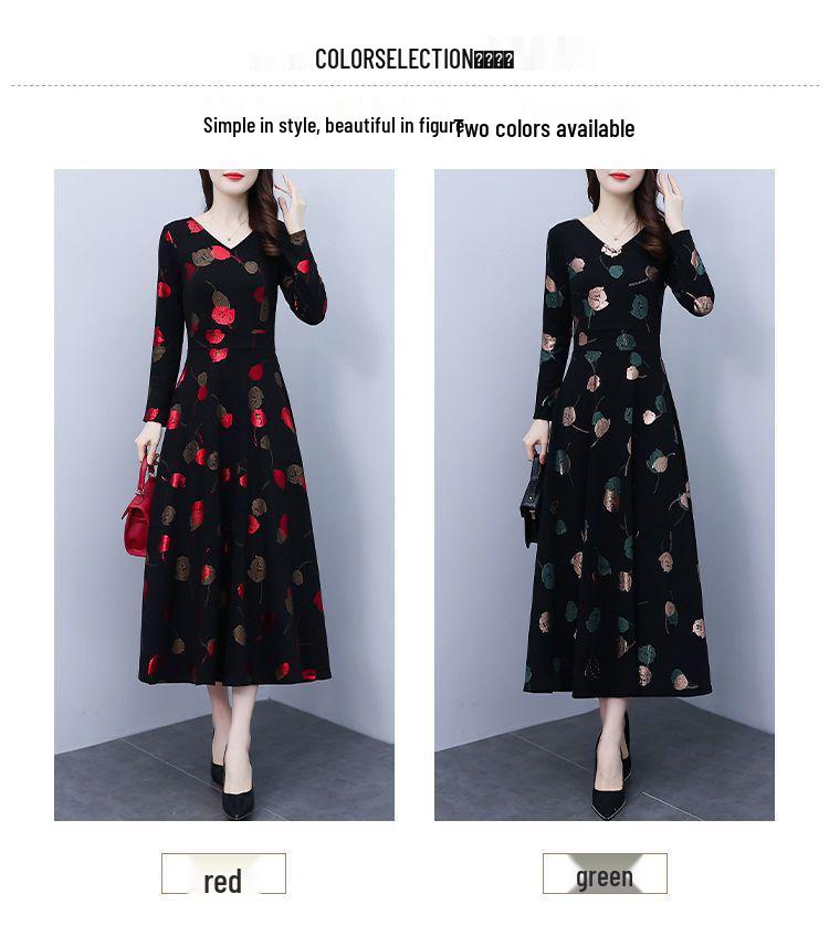Spring & Fall V-Neck A-Line Dress for Middle-aged Women: Mid-length, Printed, Waist-cinching, Wide Hem