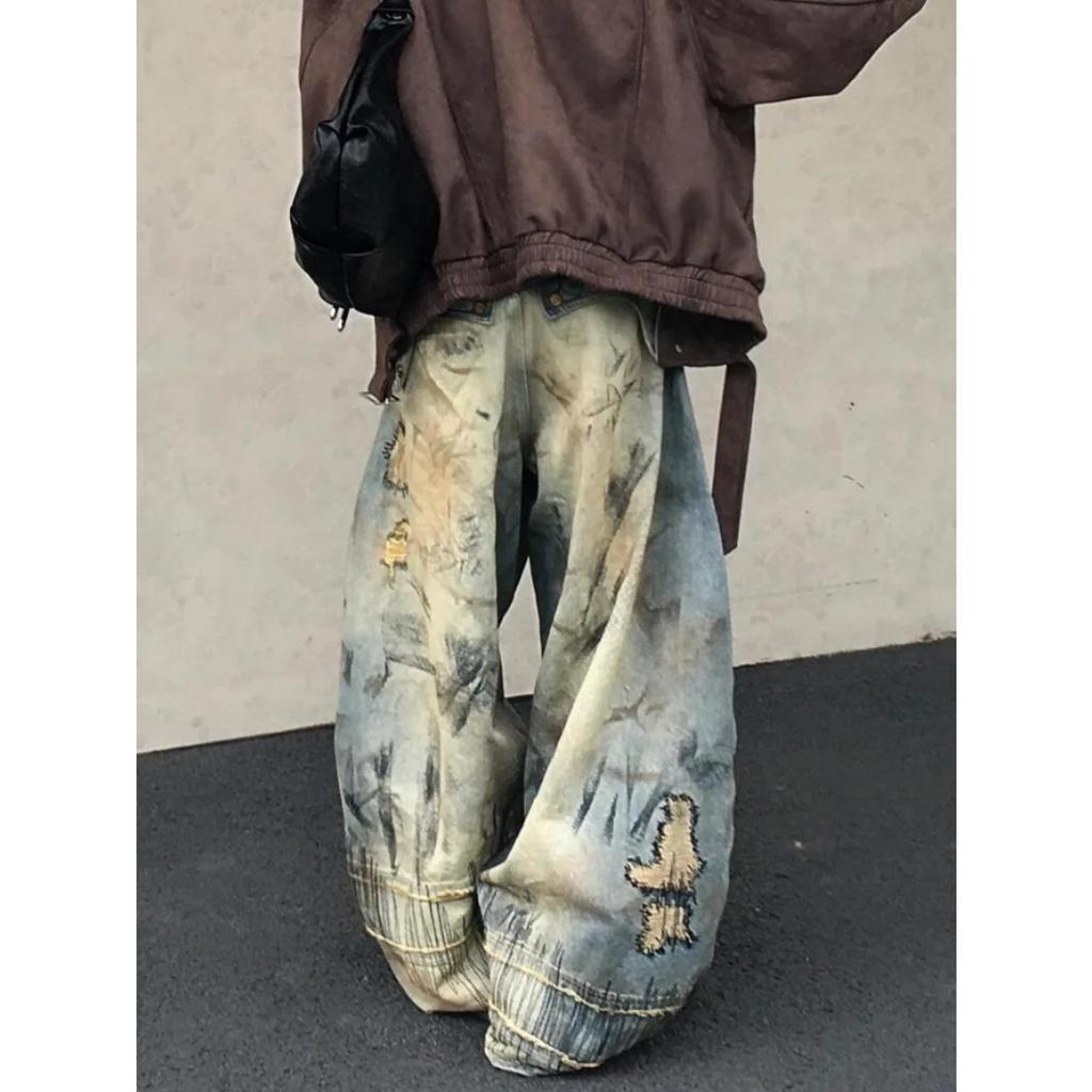 LUXEON American Street Destruction Style Embroidered Denim Pants Oversized Retro Wash Personality Fashion Loose Casual Wide Leg Jeans