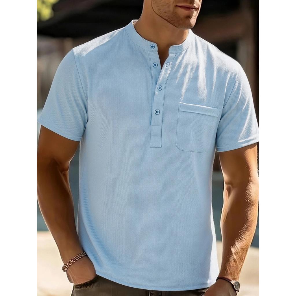 Men's Casual Fashionable -color Single-pocket Short-sleeved T-shirt - Men's Checkered Texture Stand-up Collar Short-sleeved T-shirt