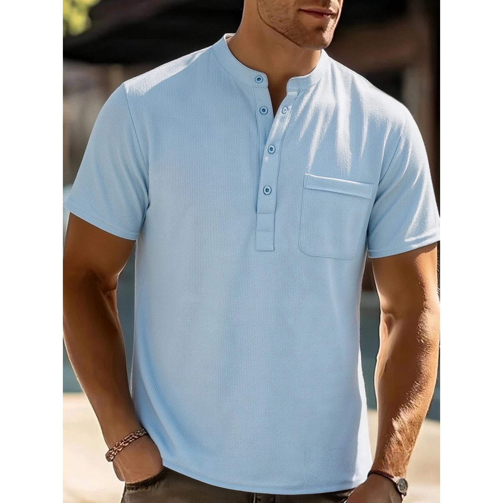 

Men s Casual Fashionable -color Single-pocket Short-sleeved T-shirt - Men s Checkered Texture Stand-up Collar Short-sleeved T-shirt XXL