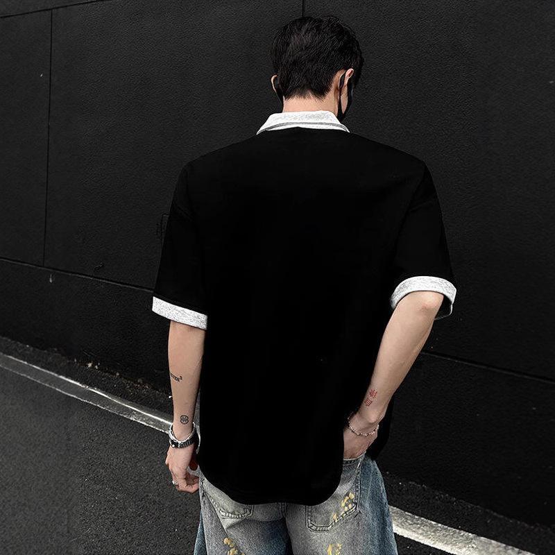 Men Half Zip Color Block Oversized Short Sleeve Polo Shirt Casual Loose Breathable Streetwear Summer Top