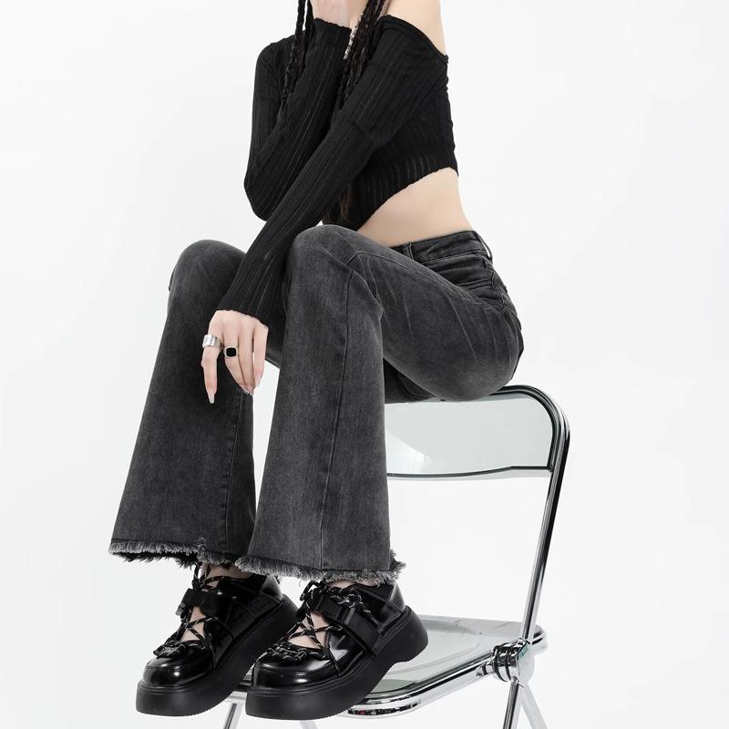 

Women s High-Waisted Gray Micro-Flare Petite Jeans with Frayed Hem L 54-59 kg