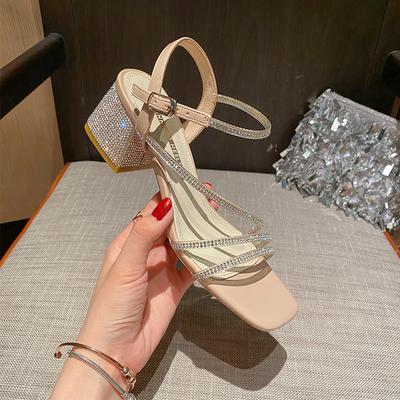 Sandales Sieviešu Vasaras Modes Viena vārda sprādze Rhinestone Biezas Augstpapēžu Kurpes Fairy Style Sandales Ērtas Atvērtas purngales Romas slidkalniņi