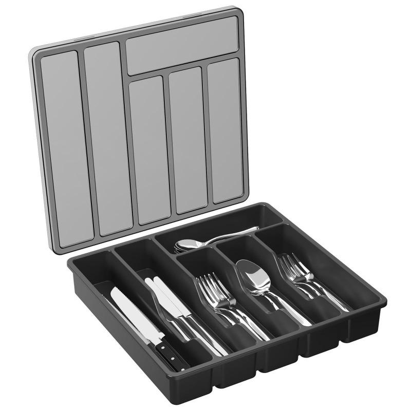 6-Grids Drawer Organiser with Lid, Plastic Small Cutlery Tray for Kitchen Drawer