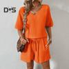 2ks/sada Dámské oblečení pro volný čas Tričko s výstřihem do V, krátkým rukávem, elastický pas se stahovací šňůrkou Široké nohavice, set šortky z jednobarevné vrásčité látky