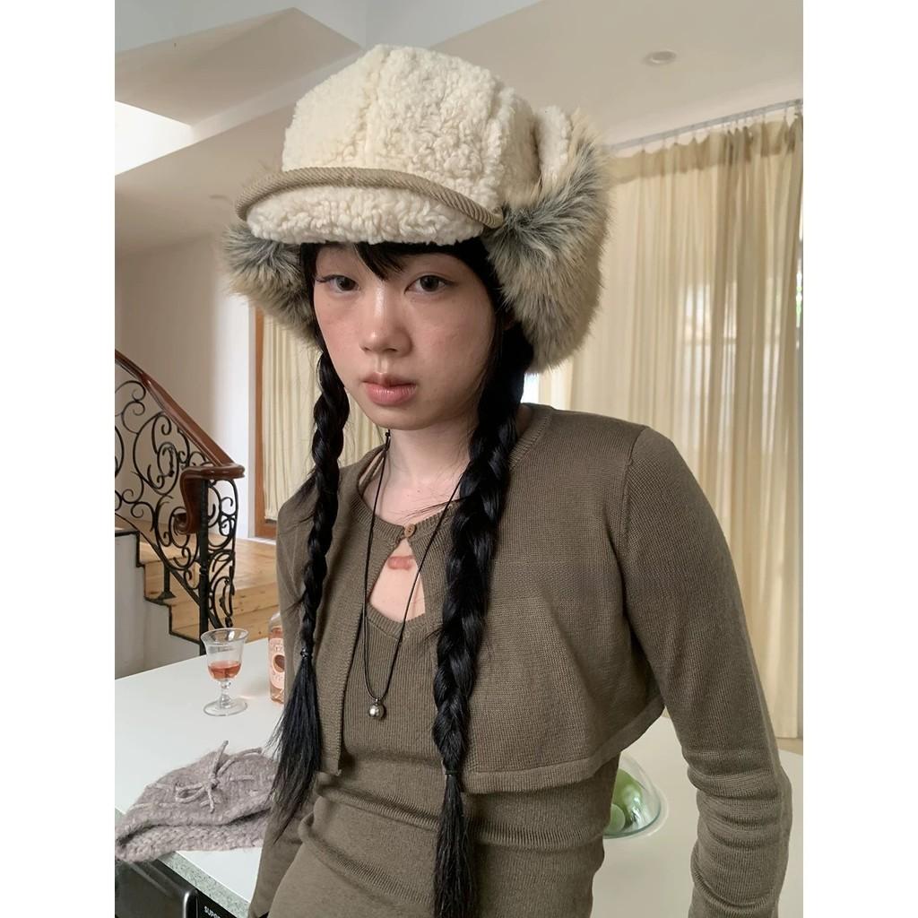 Snowy Winter Beanie Hat With Foldable Sheep Wool Earmuffs For Men And Women