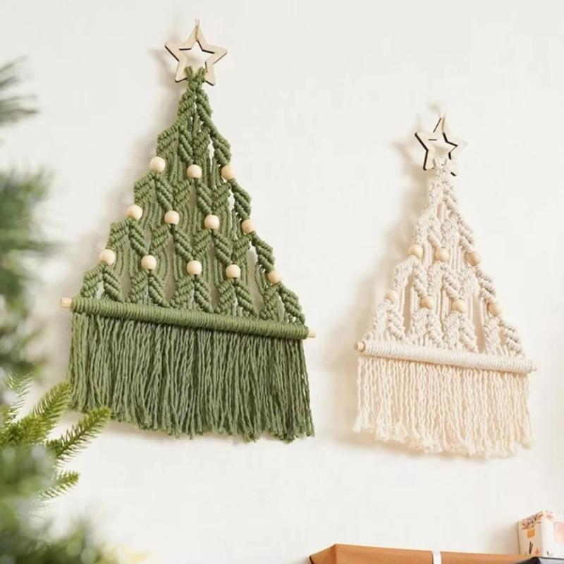 ZDQ Aesthetic Woven Christmas Tree Macrame Tapestry Wall Hanging Pendant with Decorative Tassel Cotton Rope for Apartment Decor