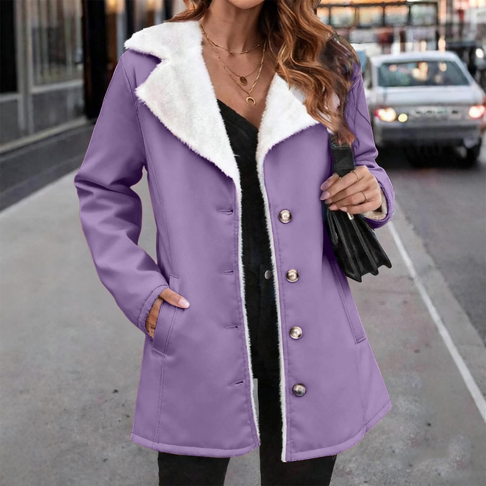 

Women s Fashionable Oversized ,Color Fleece Collar Mid,Length Coat L фіолетовий
