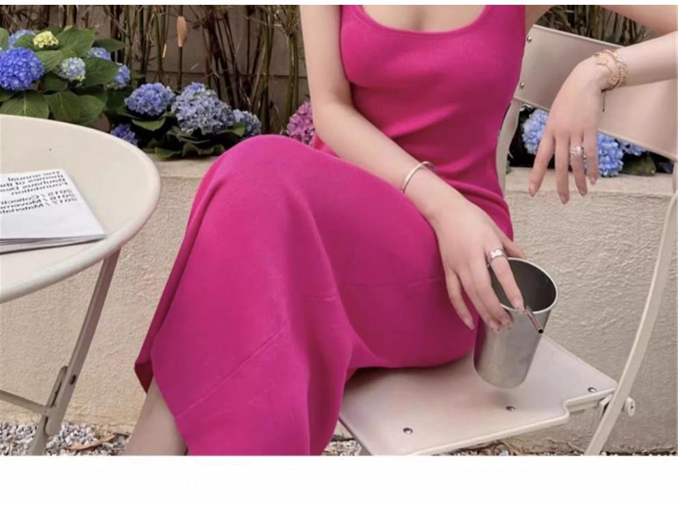 Elegant 2025 Pink Strappy Knit Midi Dress - Cinched Waist, Hip-Hugging Women's Summer Style