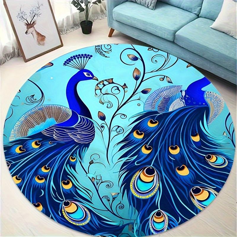 Crystal Velvet carpetLuxurious Blue Peacock Round Doormat - Soft Flannel with Non-Slip Rubber Backing, Hand Wash Only, Vibrant T