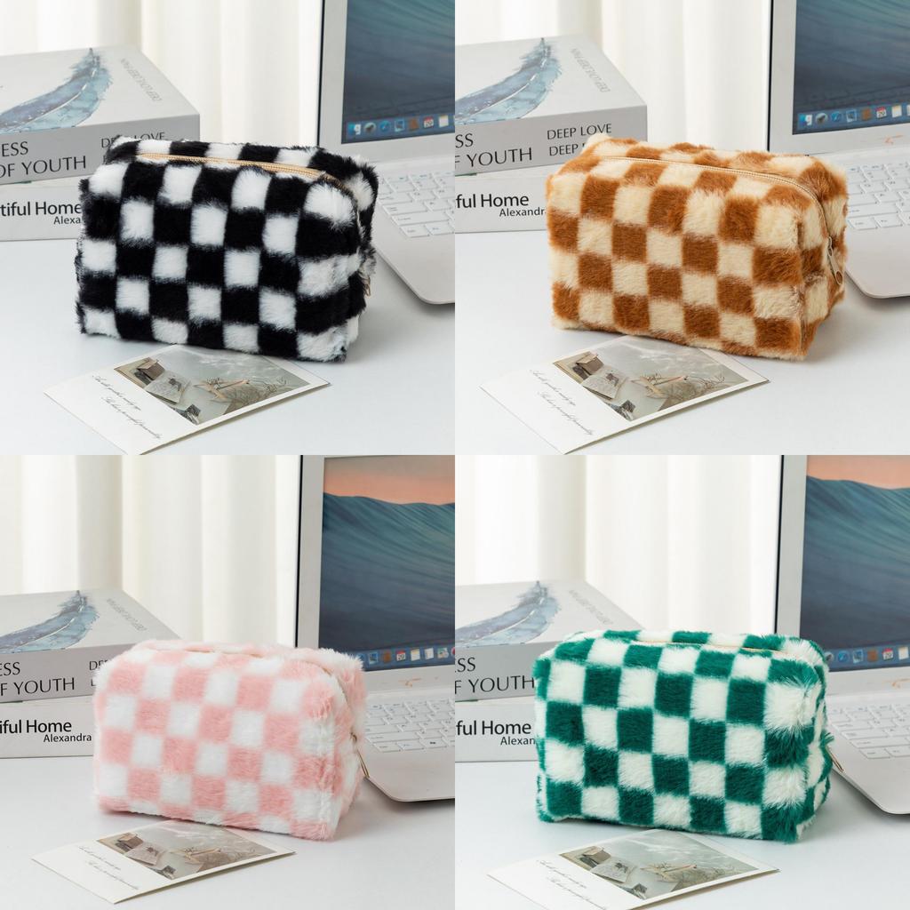 Plush Checkered Pencil Case With Breathable Fabric For Students And Daily Use