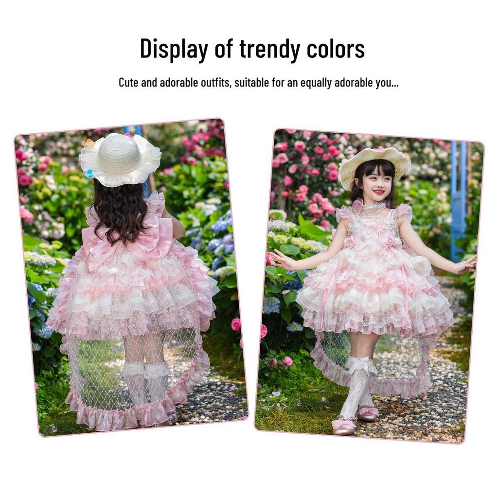 Girls' Pink Lolita Princess Dress - Summer Floral Birthday Gown