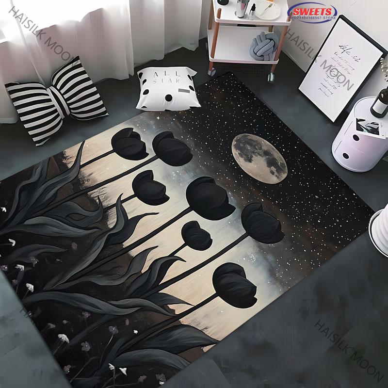 

3D Black Tulip Printed Carpet Rug for Living Room Bedroom Kids Room Art Modern Decoration Mats Yoga Mat Chair Mat Special Gift 40x60cm