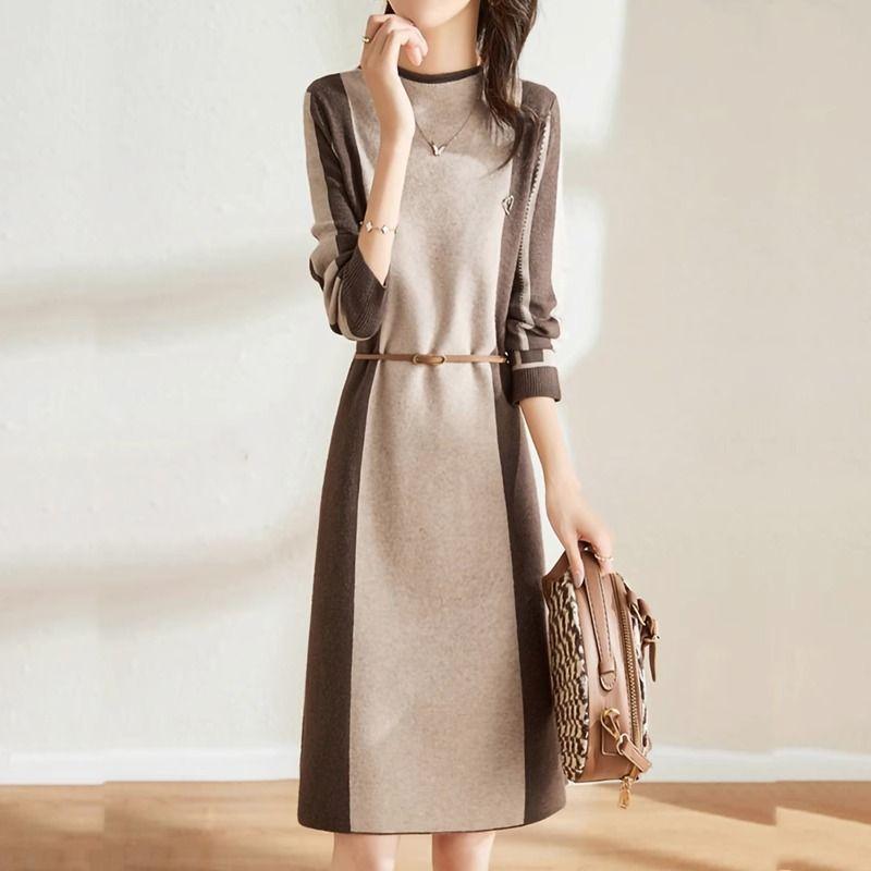 

Classy Cashmere Knitting Dress Women s Fall and Winter 2025 New All-Matching Slimming Woolen Sweater Overknee Base Woolen Skirt Rice White Spelling Brown S