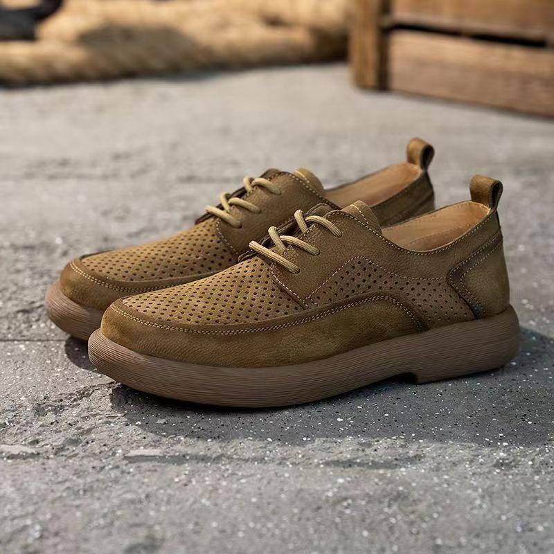 Hollow Leather Shoes Men's Hole Shoes Summer New Men's Shoes Leather Breathable Trend Versatile Platform Retro Casual Shoes