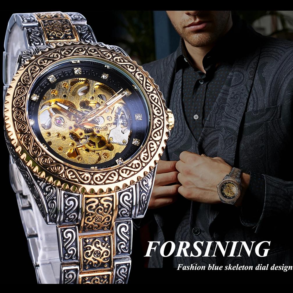 Mechanische Herrenuhr Automatische Armbanduhr Luxus Diamant Edelstahl Skelett Uhren Gold Relogio Masculino