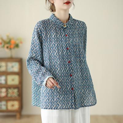 Autumn Vintage Style Blouse Artistic Loose Cotton Linen Printed Long Sleeved Shirt Top for Women