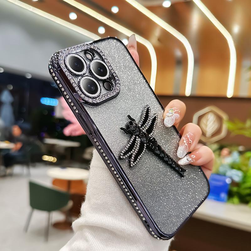Applicable To Apple 16 Dragonfly Bracket Mobile Case Rhinestone IPhone 15 Glitter Powder 14proMax Anti-fall Protector XR