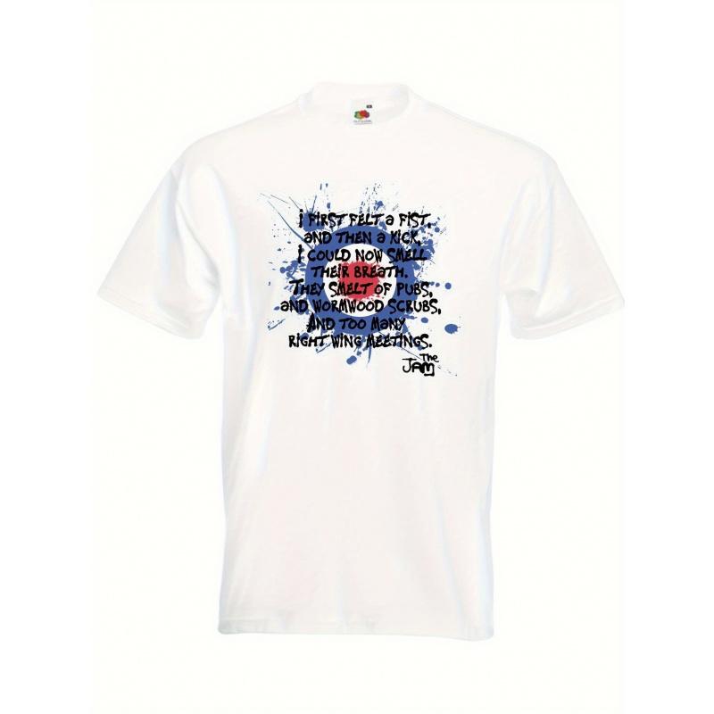 Men'S The Jam Paul Weller MOD T-Shirt - Vintage 70s/80s Band Tee with Subway Station Graffiti Print, White with Black & Blue Lyrics & Album Art,