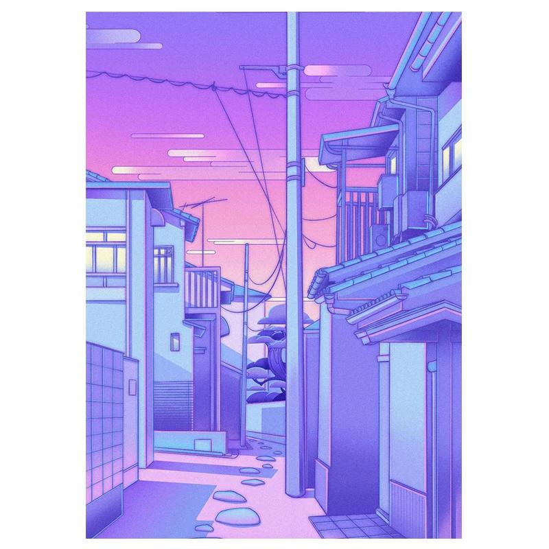 80s Vaporwave Style Wall Art Poster City Night Street Cat Canvas Painting Print Home Decoration Kawaii Room Decor Canvas Picture