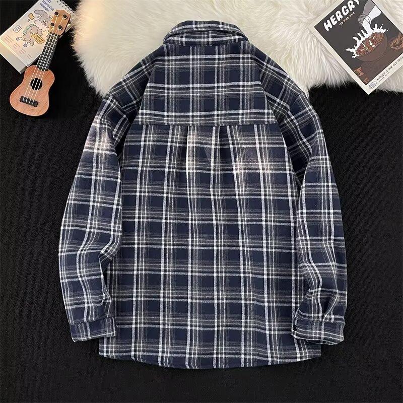Japanese-Style Retro Cityboy Velvet Padded Shirt Autumn and Winter Boys' College Style Thickened Couple Warm Plaid Shirt