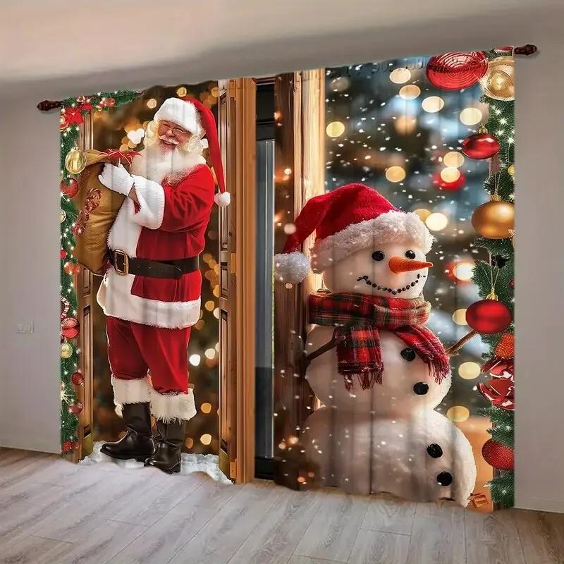 Set Of 2 Jit Festive Santa Snowman Printed Curtain Polyester Christmas Window Decor Home Curtai Curtains Light Blocking Made