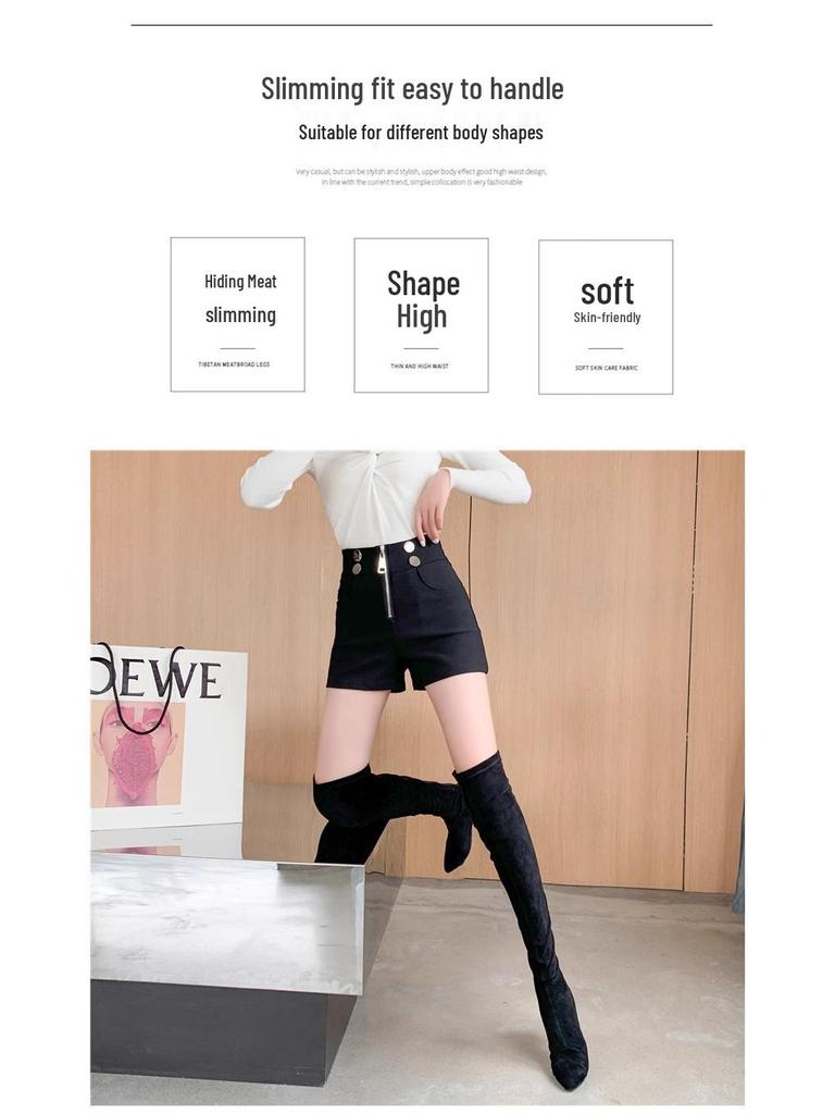 2024 Women's High-Waisted Black Shorts - New Niche Design, Zipper, Casual, Versatile, Korean Style Hot Pants
