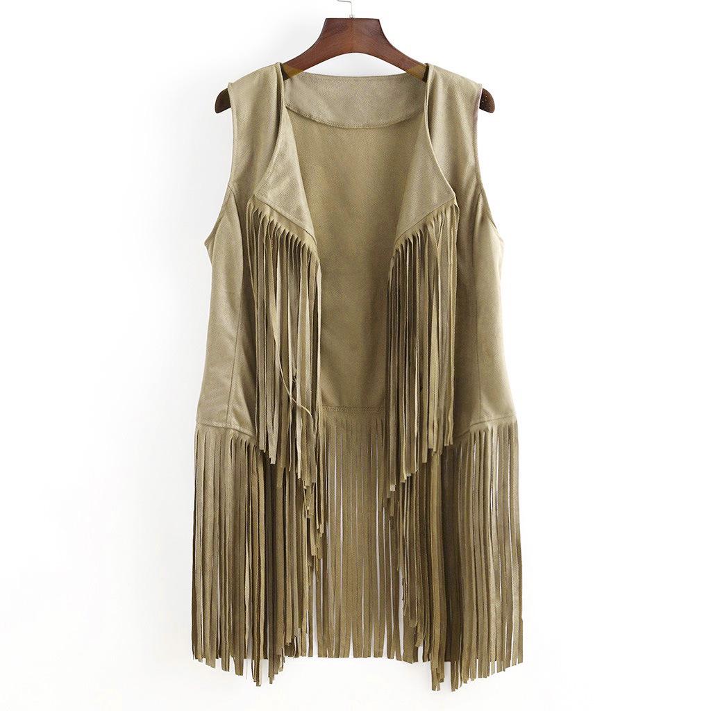 Dámská letní vesta s třásněmi z jelenice: Jednobarevný, bez rukávů, ležérní kardiganový top