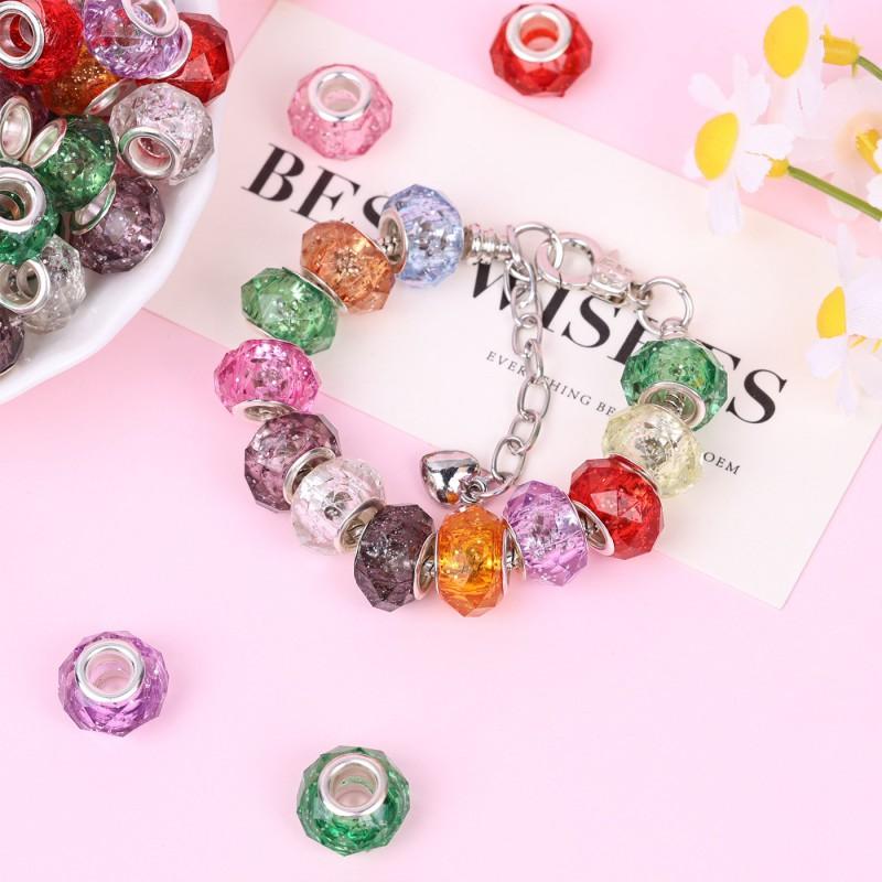 Acrylic Large Hole Beads With Blue Faceted Cut Silver-Plated Brass Core Resin Craft Charms DIY Jewelry Making