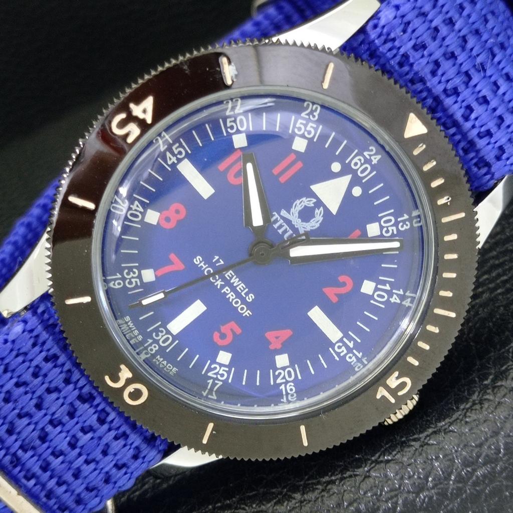 

HAND-WINDING VINTAGE TITUS SWISS MENS TURNABLE BEZEL BLUE DIAL WATCH a700016-5 R201-a700016