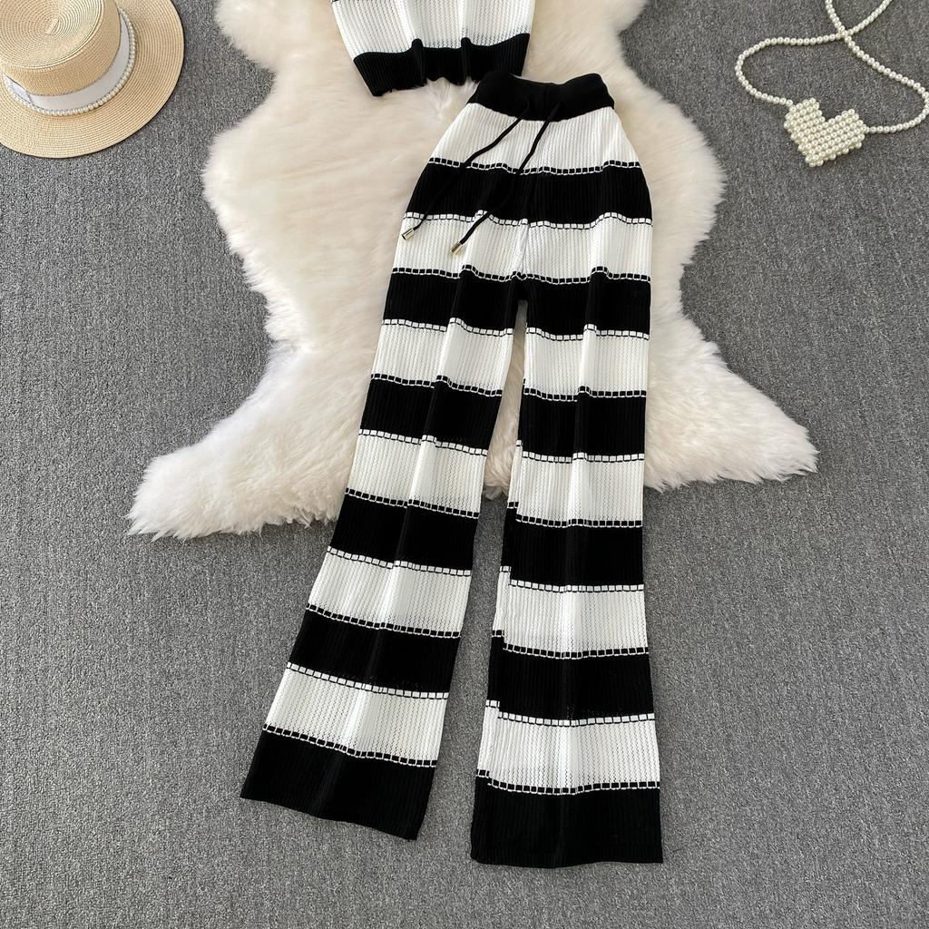 Summer Women Chic Striped Knitted Sweater Trouser Two Piece Set Short Sleeve Pullover Tops and Wide Leg Pant Suit