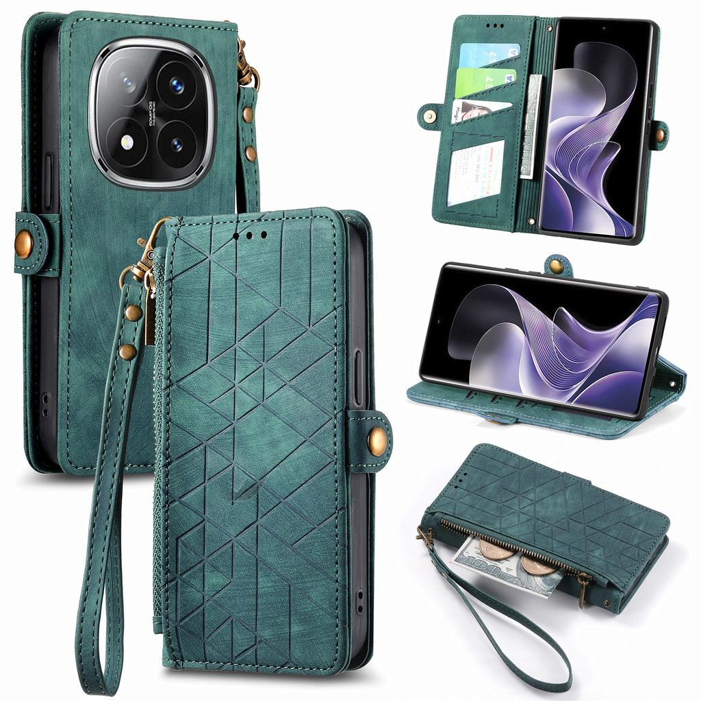Etui portfel na zamek błyskawiczny ze skóry z geometrycznymi liniami na Xiaomi Redmi Note 14 Pro 5G/Poco X7 5G