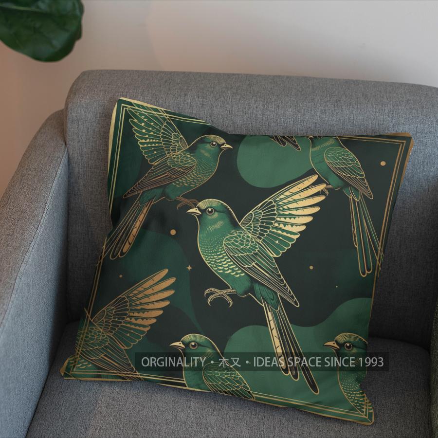 2D Green Birds And Gold Leaves Pattern Pillow Cover Pattern Cushion Cover Suitable For Sofa Bedroom Car Pillow Cover