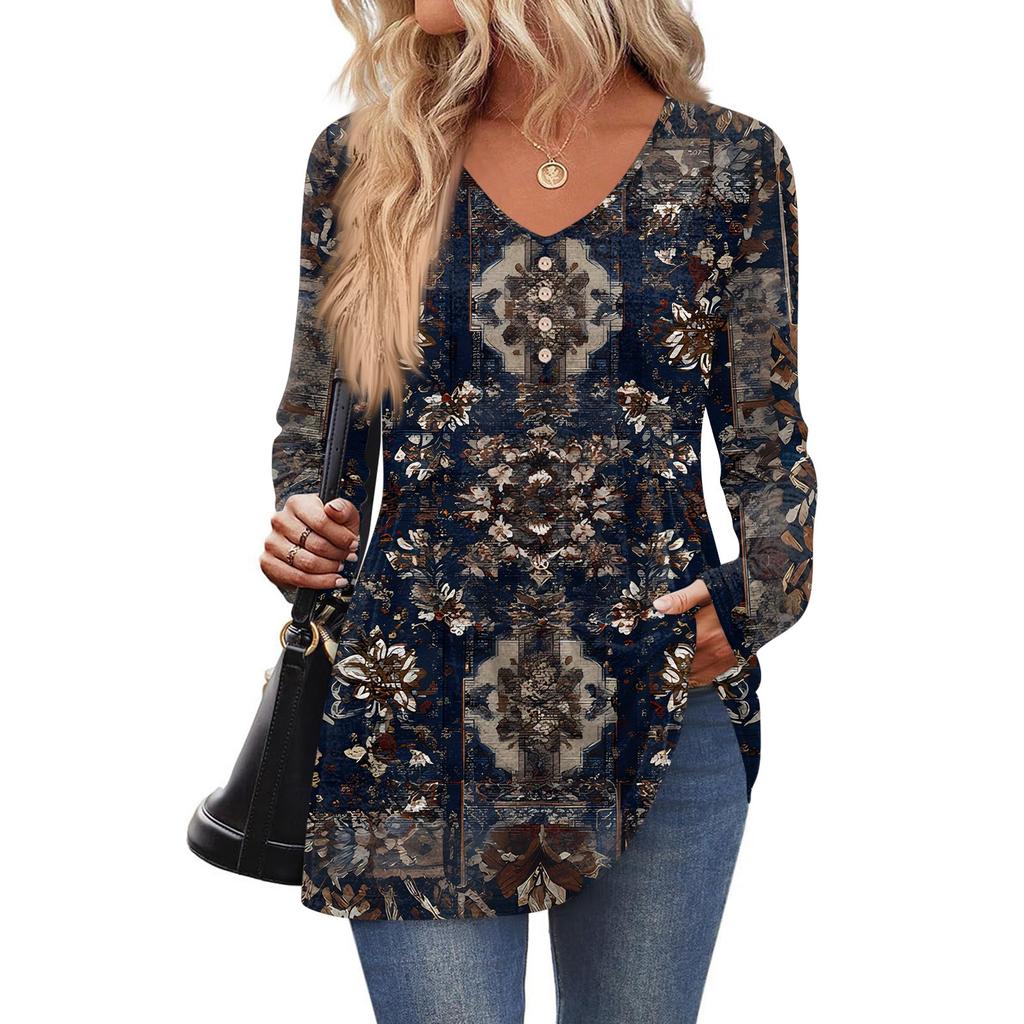 Women's Fashion Casual Long Sleeve Solid Color Shirt Women's V-Neck Tops