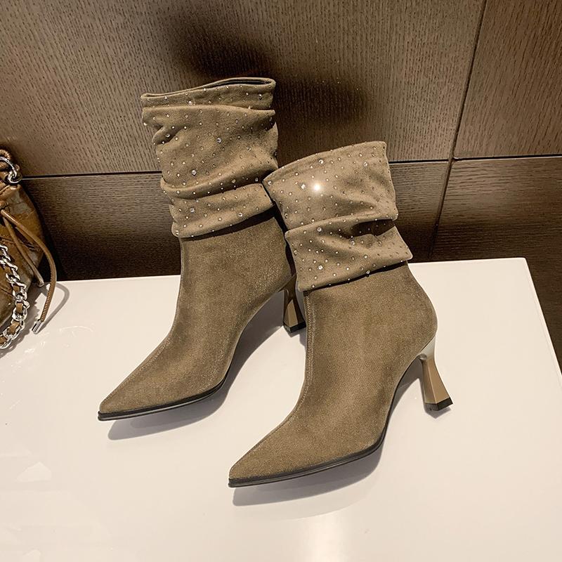 

Женские ботильоны на высоком каблуке с кристаллами, замшевые элегантные туфли-лодочки с острым носком, зимняя трендовая обувь 2025 года, сексуальные туфли «Челси», новые женские ботинки 34