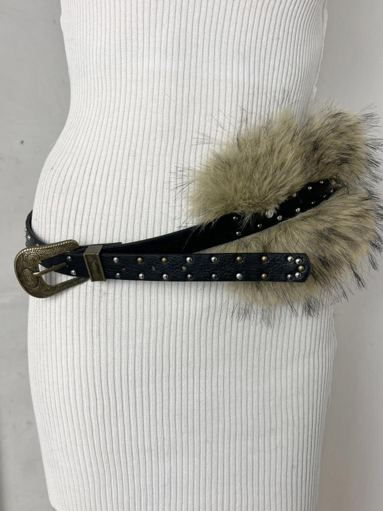 Sparkly Rhinestone Faux Fur Patchwork Waist Belt with Pin Buckle - Y2K Leather Eyelet Design
