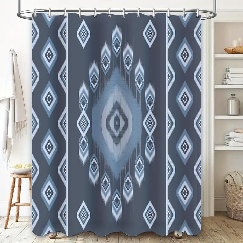 Modern Geometric Shower Curtain Set, Blue White Design Pattern Fabric for Bathroom Decor 72 x 72 inches