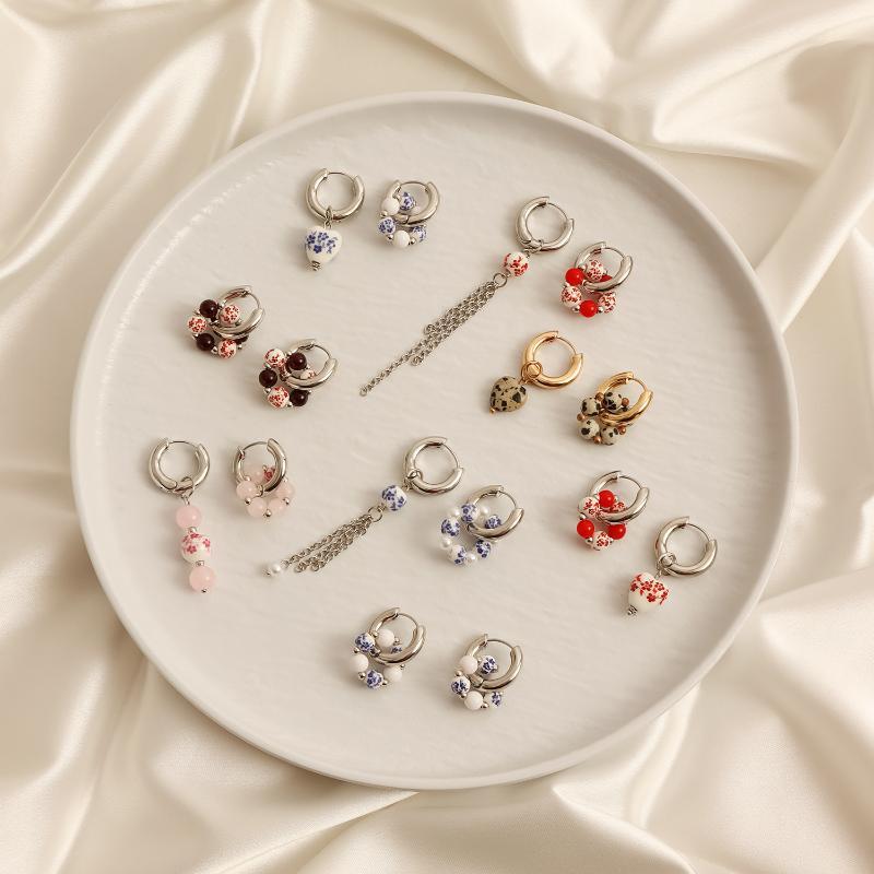 1Pair Blue White Color Ceramic Pendant Earrings Ear Buckle Chinese Style Ear Buckle Hanfu Round Bead Heart-Shaped Earrings