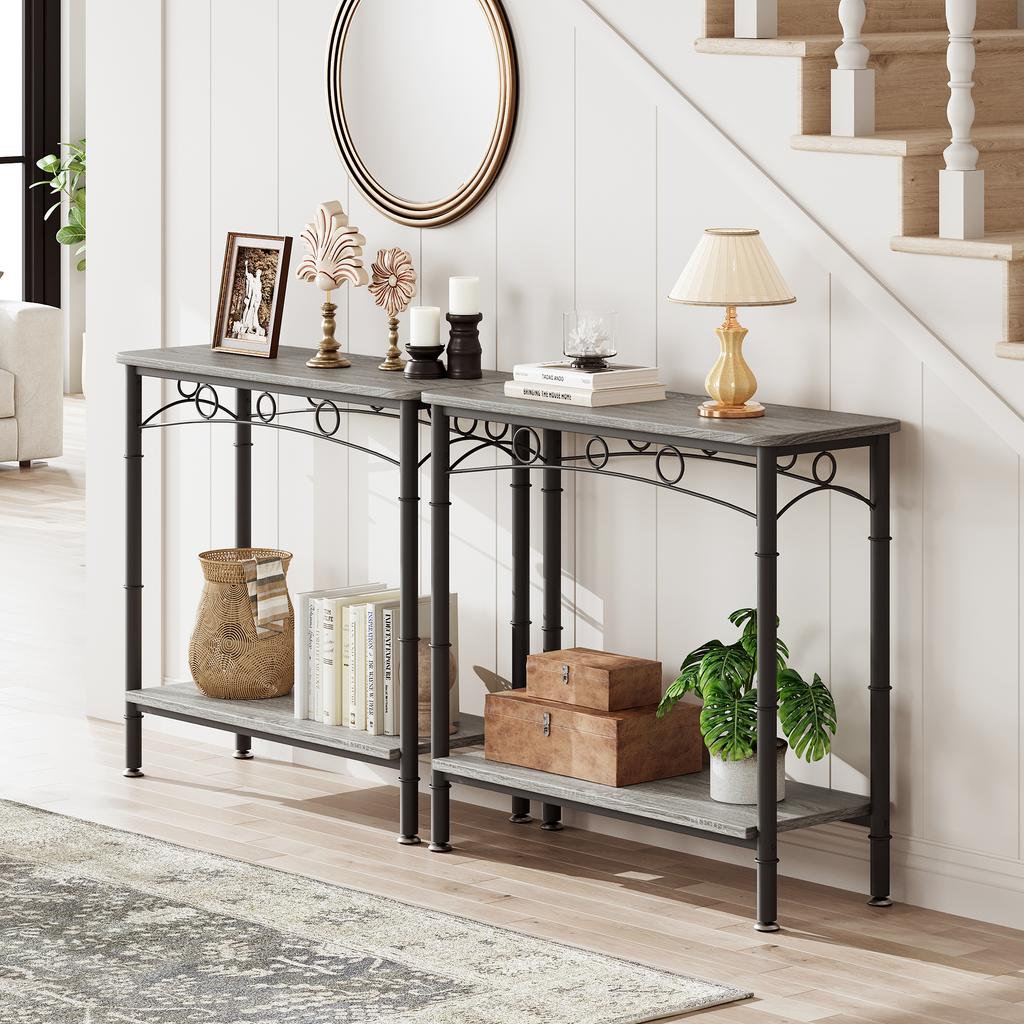 2 Tier Small Console Table Retro Sofa Table with Storage Behind Couch Table for for Living Room Entryway Hallway Foyer
