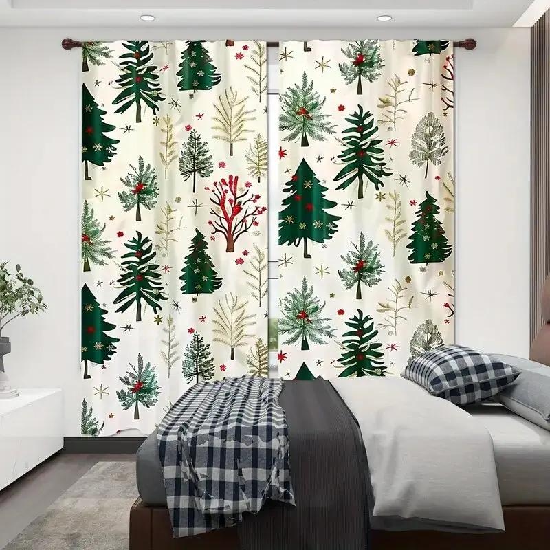 Christmas Curtains Cartoon Tree Decorative Printed Home Decoration Room Set Of 2 Made Polyester